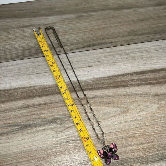 Butterfly Enamel Beaded Necklace Cooper Tone Purple/Pink Beaded/Rhinestone - Picture 2 of 7